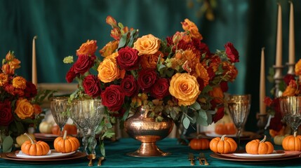 A table with a vase of flowers and a bowl of pumpkins. The table is set for a dinner party