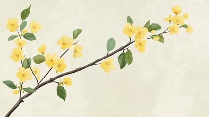 yellow apricot blossom branch with green leaves