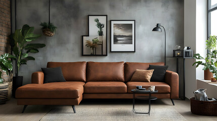 Modern Living Room Design with Leather Sofa and Plants