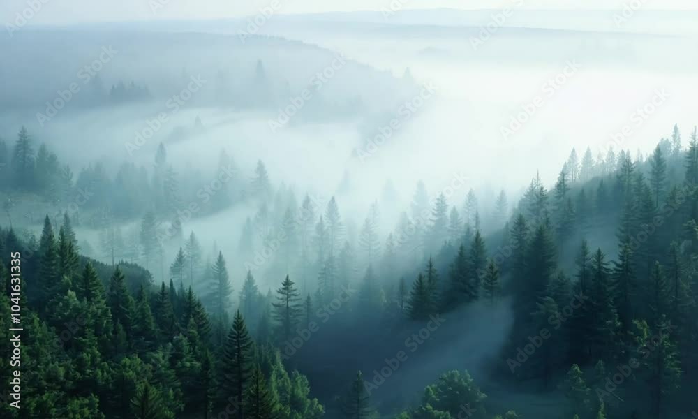 Poster Misty Pine Forest Landscape with Dense Fog and Lush Greenery in Early Morning Light