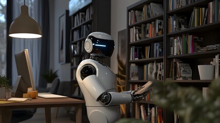 Fototapeta premium Efficient Humanoid Robot Organizes Cozy Home Office Bookshelf with Precision