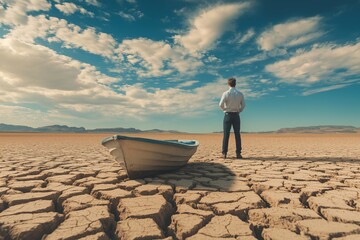 Dumb funny Business man stop on crack soil hot land desert boat businessman rock look bright future symbol crisis stagnation losses braking difficulties environmental disaster water scarcity drought