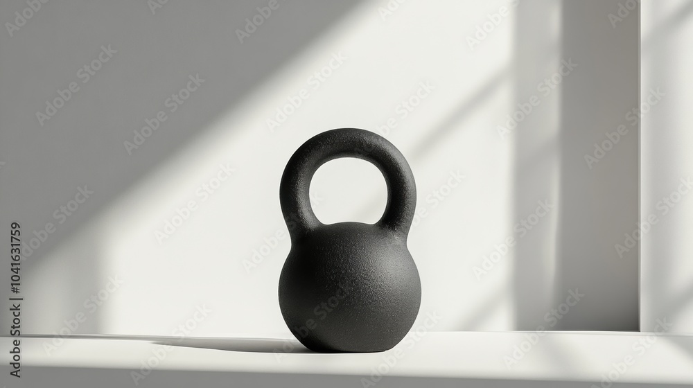 Poster a black kettlebell sits on a light-colored surface, illuminated by soft natural light coming from ne