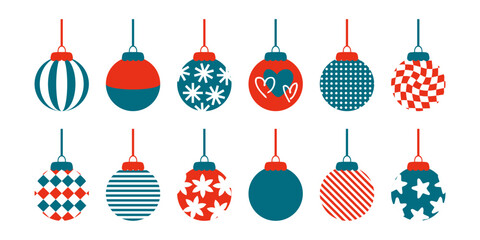 Geometric Christmas balls ornament silhouettes collection. Perfect for banner, flyer, label, postcard, sale, stickers. Simple flat style vector illustration.