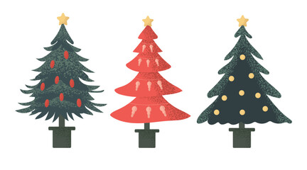 Set of Christmas trees of different shapes with garlands, balls and toys. Vector Christmas trees in flat style on white background.