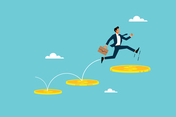 Smart businessman jumps on bigger and higher gold coins