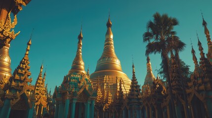Fototapeta premium Golden Pagodas Under Clear Blue Sky