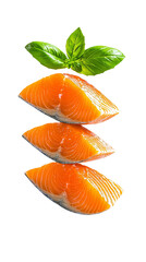 Fresh salmon fillet with basil, raw salmon slice with herbs, healthy salmon fish with basil leaves