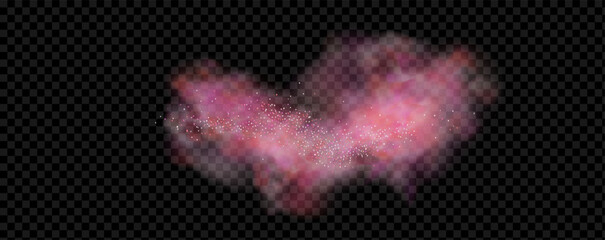 Pink powder dust with glittering shimmering swirls, shiny glitter design. Magical motion, sparkling lines on a black background.