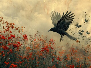 Fototapeta premium Black Crow Flying Over Red Flowers - Vintage Art