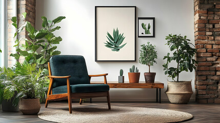 Living Room Decor Ideas:  Green Plants, Wooden Chair, and Brick Wall