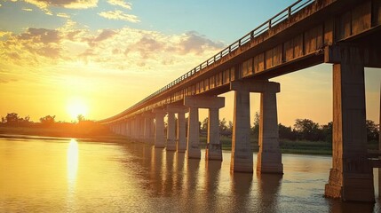 Serene Sunset Over Long Bridge Reflecting in Water