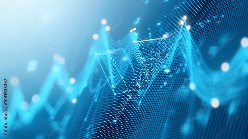 Poster dynamic global network animation, showcasing interconnected graphs and charts with flowing blue line
