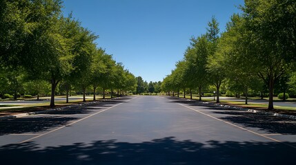 Empty parking lot bordered by green leafy trees under a blue sky with symmetrical asphalt patterns, sunlight casting shadows, captured in a wide-angle urban landscape with a tranquil atmosphere.