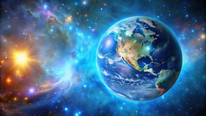 Bright blue planet Earth against colorful stars backdrop in cyberpunk art style with forced perspective