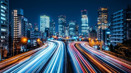 Fototapeta premium Urban Night Scene with Light Streaks and Skyscrapers