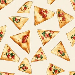 Vintage nachos in tray pattern on vintage beige fabric background, seamless repeating pattern, textile print style, minimal, seamless food dish pattern design, kitchen decor, dining accessories