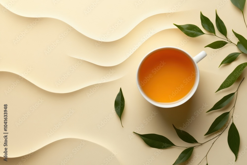 Poster a simple tea cup filled with warm tea sits among soft, undulating leaves, creating a calm and inviti