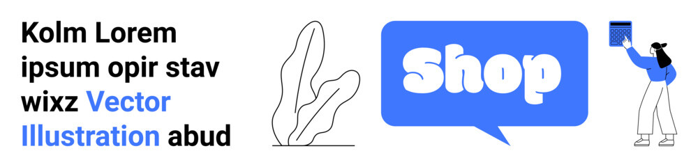 Two-tone design with a plant, a person holding a sign, and a speech bubble with the word Shop. Ideal for e-commerce, online retail, marketing, websites, and promotions. Landing page