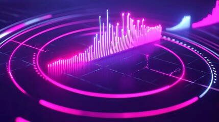 Naklejka premium Circular audio interface with animated sound spectrum, showcasing vibrant sound waves on a black background, ideal for visualizing music frequency and audio dynamics.
