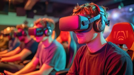 Naklejka premium Gamers disconnecting from virtual reality headsets, expressing relief and excitement, vibrant gaming environment, immersive experience, focus on camaraderie and shared enjoyment.