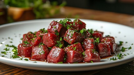 Close-up of fresh beef cubes with marbled texture on a white ceramic plate garnished with green herbs, showcasing vibrant red color and high-quality protein in a gourmet food photography style.