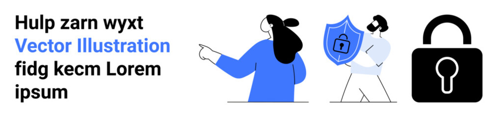 Two characters with a shield lock, an individual pointing, and a large padlock icon. Ideal for cyber security, data protection, privacy, technology, online safety. Landing page