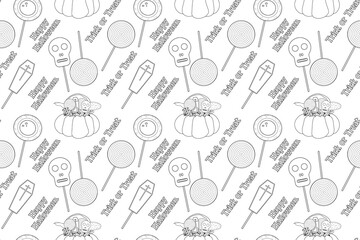A fun Halloween-themed coloring page with a seamless pattern of candy, lollipops, and spooky treats. Perfect for kids creative activities.