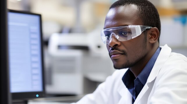 Technician in a pharmaceutical lab, analyzing data on a computer while wearing a lab coat and safety goggles.