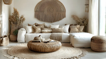 Cozy Living Room Decor with Woven Baskets & Pillows