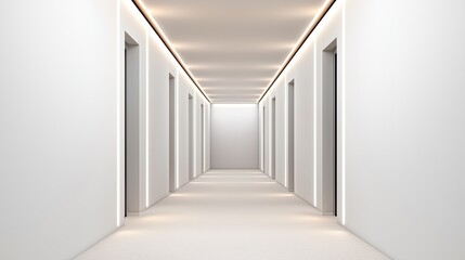 Obraz premium A modern, minimalist hallway featuring multiple doors and soft lighting, creating a spacious and inviting atmosphere.