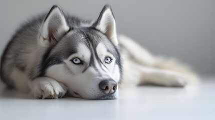 Obraz premium Husky dog lying on a white floor in a close-up portrait with soulful eyes and fluffy fur, captured in an indoor setting with soft lighting and a neutral background emphasizing companionship.
