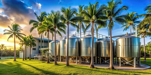 Brewery surrounded by palm trees in a tilted angle view
