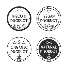 Obraz premium Eco, vegan, organic and 100% natural products sticker, label, badge and logo. Black and white ecology icon