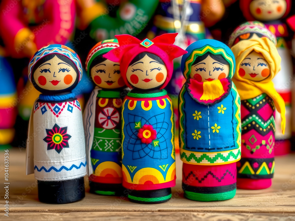 Wall mural A group of dolls with different colored clothing and accessories. The dolls are arranged in a row on a wooden surface