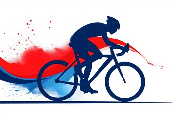 cycling athlete, depicted as a minimalistic silhouette in motion, with dynamic curves and abstract spray in contrasting colors