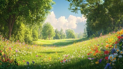 Serene Meadow with Vibrant Wildflowers and Blue Sky