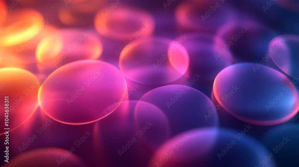 Poster A collection of luminous bubbles in vibrant colors floats against a soft, blurred backdrop, creating an enchanting and colorful atmosphere during twilight.