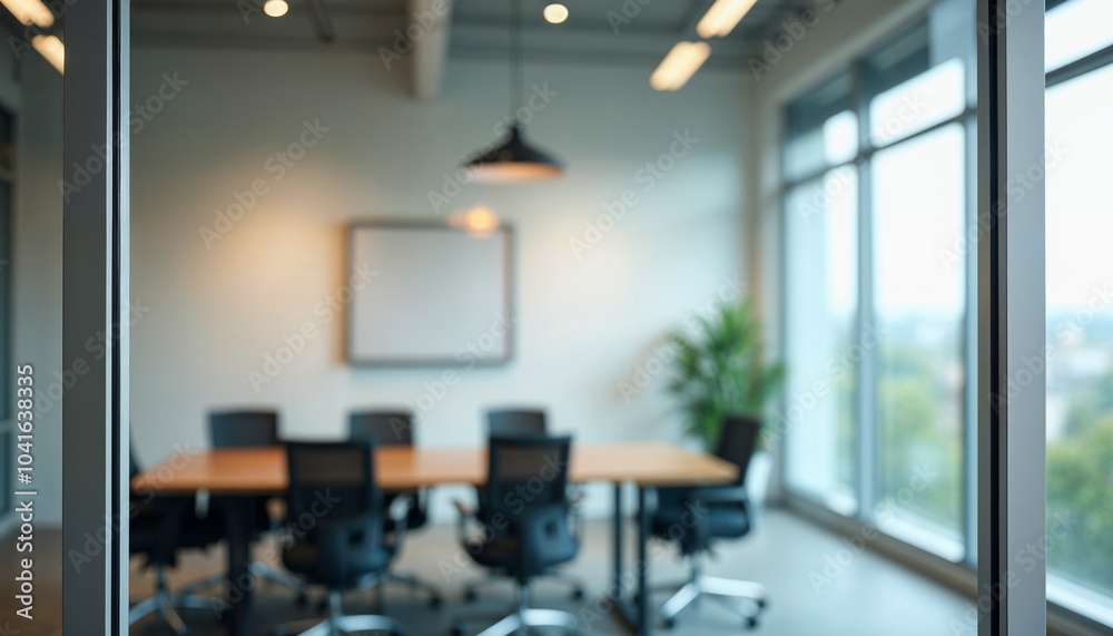 Wall mural Meeting room sign on office glass wall with empty collaboration workspace, large table and armchairs in background. Modern business space with nobody, interior with no people