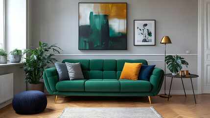 Green Velvet Couch with Gold Legs and Abstract Paintings