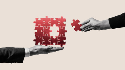 Connecting puzzle pieces. Art collage.