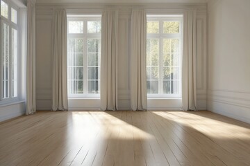 Obraz premium Bright Empty Room with Large Windows and Wooden Floor