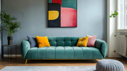 Green Velvet Sofa with Yellow and Pink Pillows in a Modern Living Room