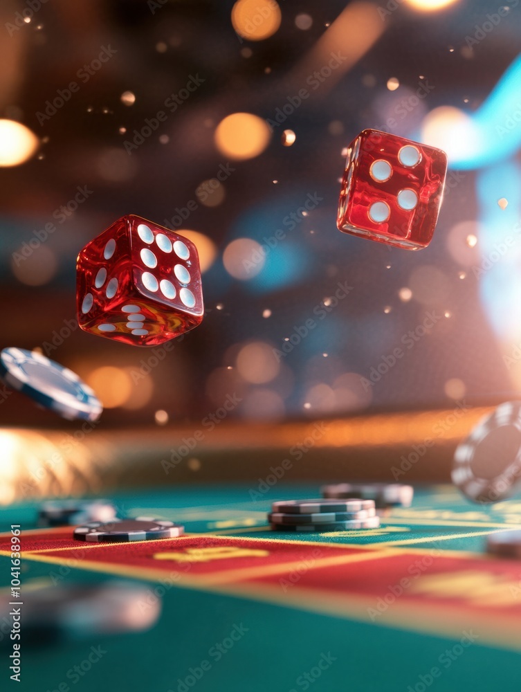 Aufkleber two red dice are mid-air above a craps table filled with colorful chips as players eagerly await the