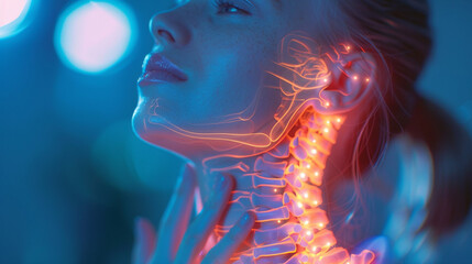 Naklejka premium Woman Massaging Her Neck in Soft Lighting