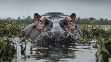 Fototapeta premium A hippo is swimming in a body of water. The water is murky and the grass is tall
