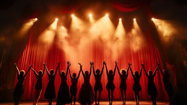 A group of actors taking a final bow on stage in front of a red curtain during a live performance. - Powered by Adobe
