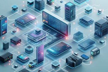 3D isometric icons of computers, laptops, and other technology equipment.