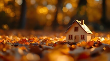 Pale gold miniature house surrounded by autumn leaves, set in a cozy outdoor scene with warm colors and rustic elements, captured with shallow depth of field and golden hour lighting.