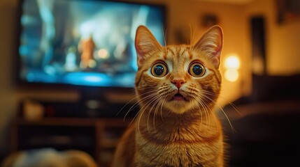 Scared cat with wide eyes in front of a TV. Creative background